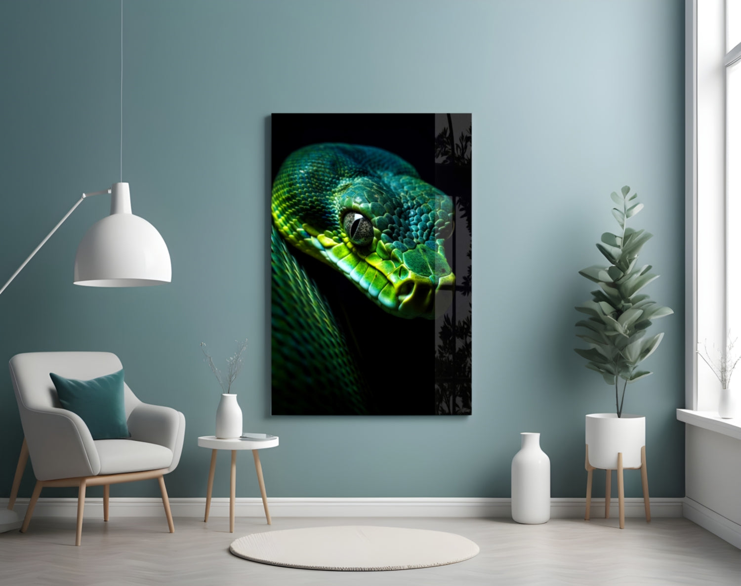 Emerald green viper glass wall art mounted on pale blue wall above white chair in minimalist room setting.