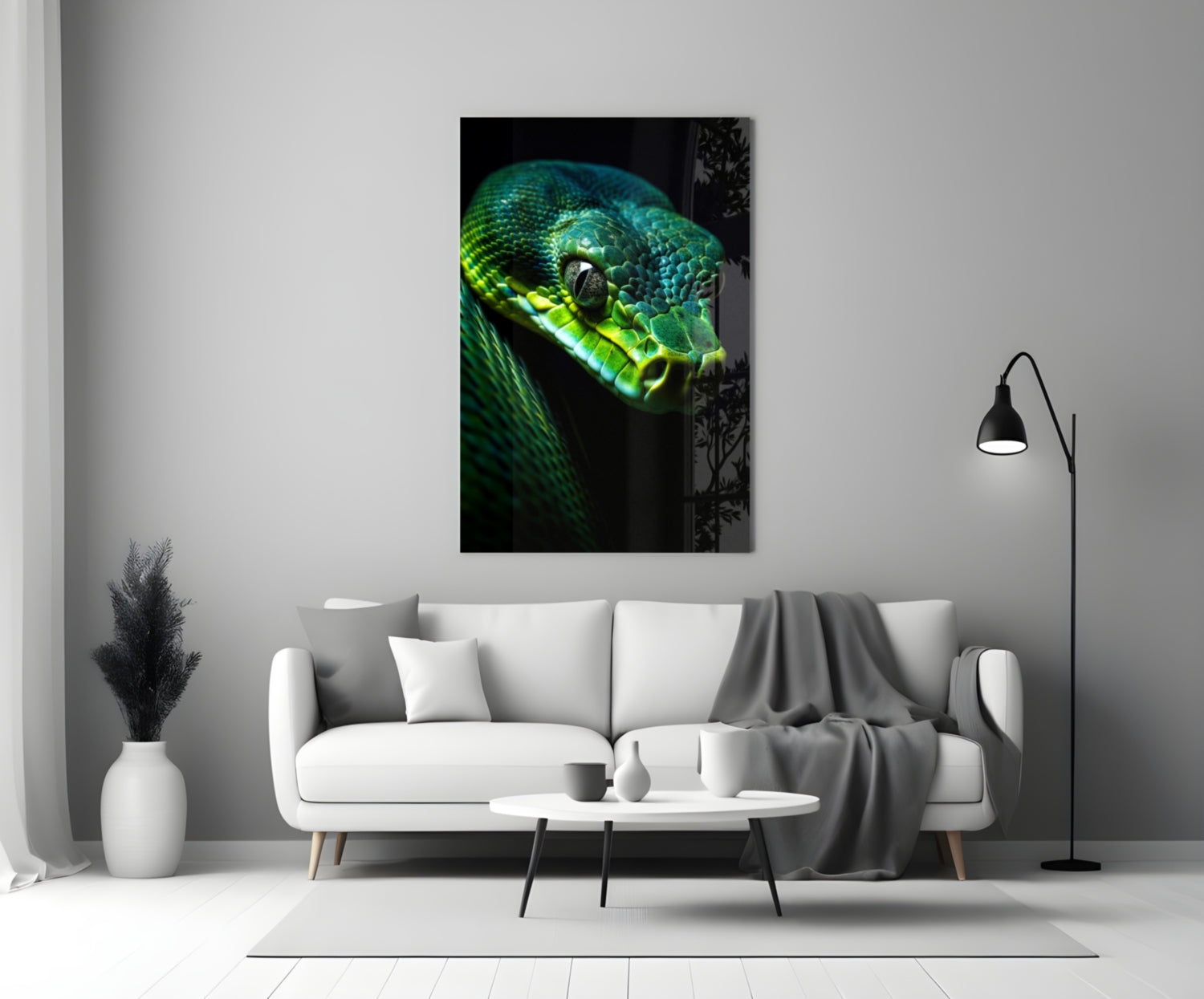 Emerald green viper glass wall art hung above a white sofa in a modern living room interior.
