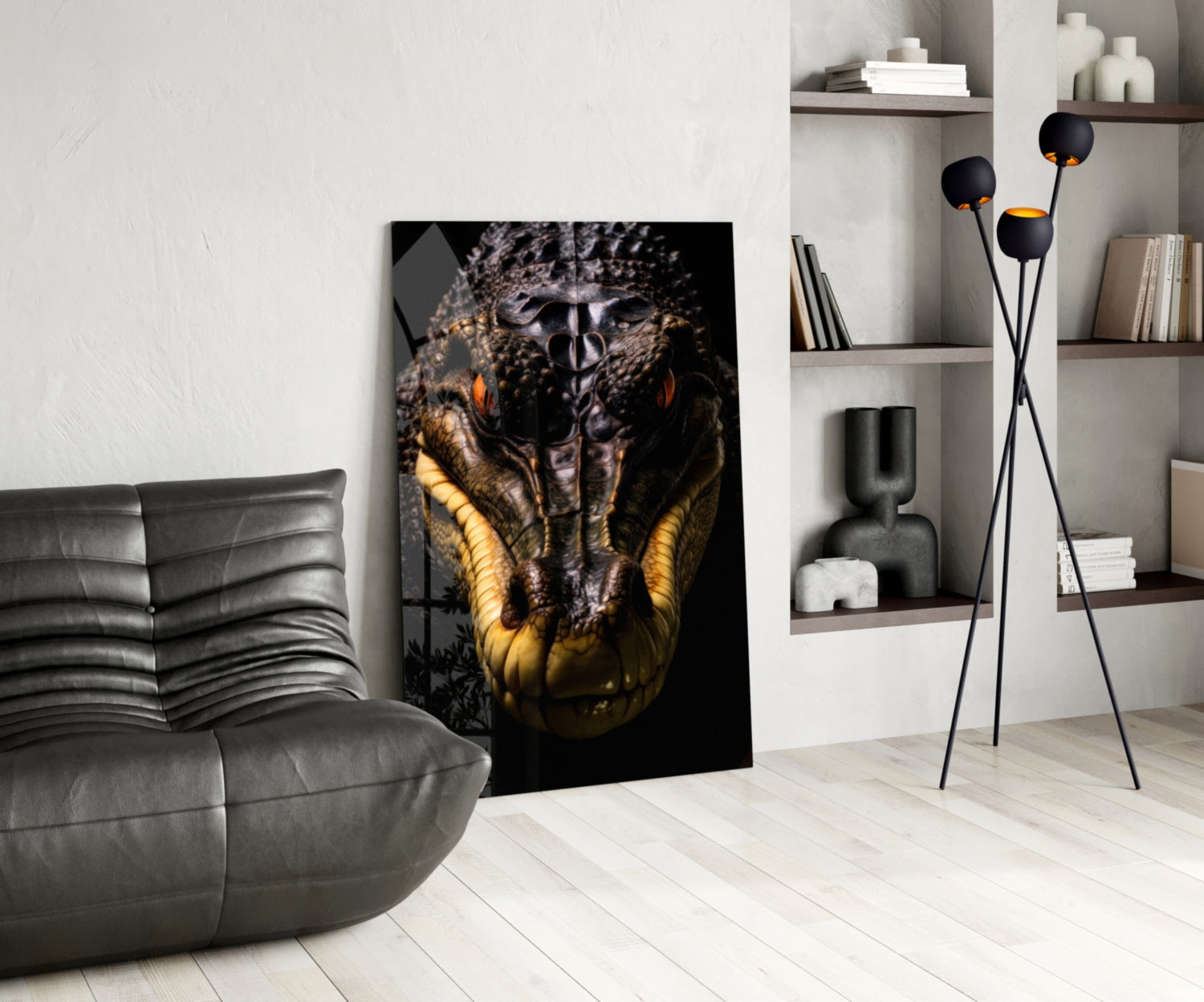 Glass wall art depicting a close-up of a predatory animal's face with golden yellow eyes and dark textured features, displayed in a modern living room setting.