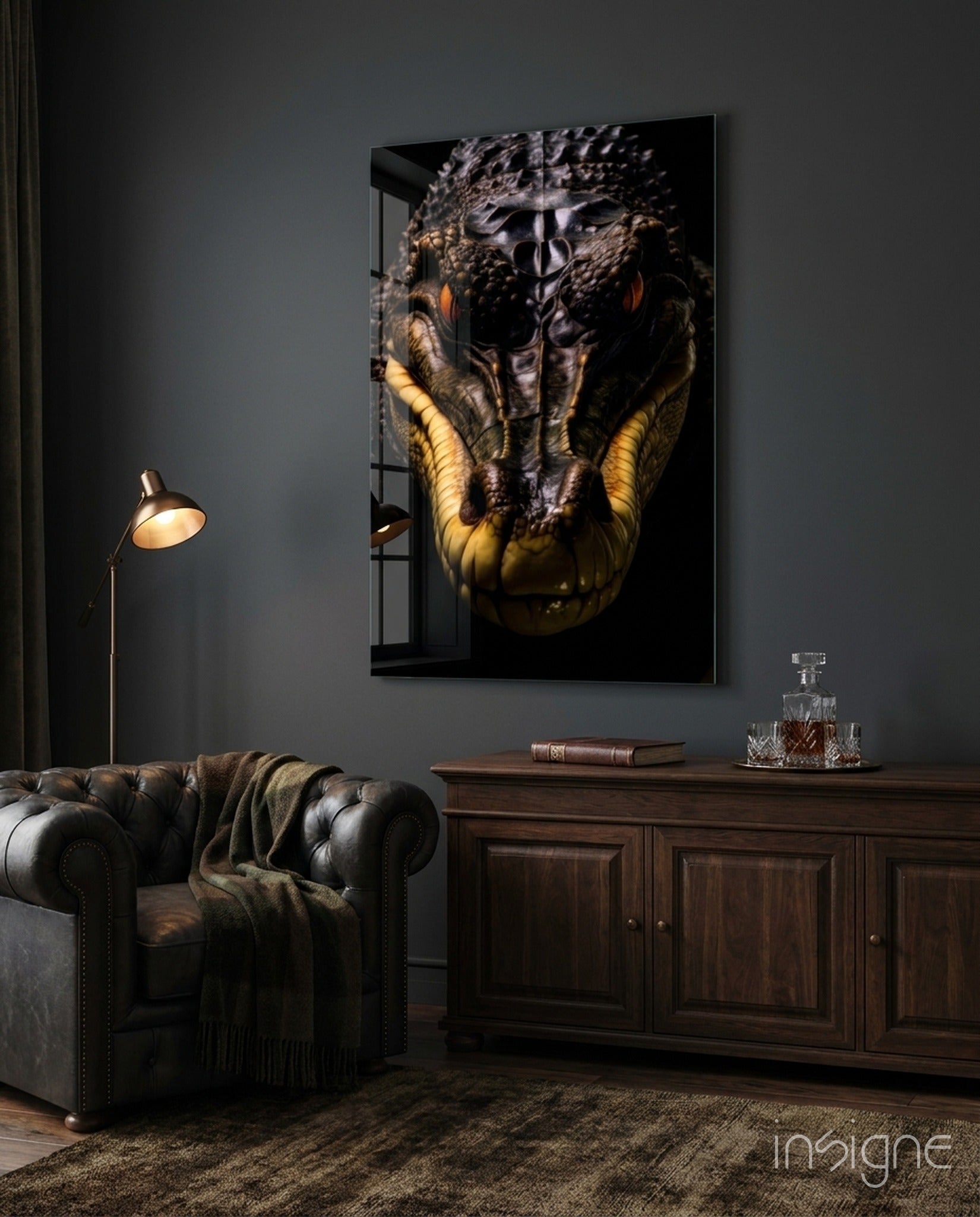 Glass wall art featuring a close-up crocodile face with golden-yellow jaw against dark background, displayed above wooden cabinet in styled interior.