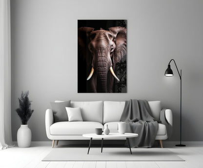 Elephant glass wall art displaying a frontal close-up of an elephant's face with ivory tusks against a black background, hung above a white sofa in a modern living room.