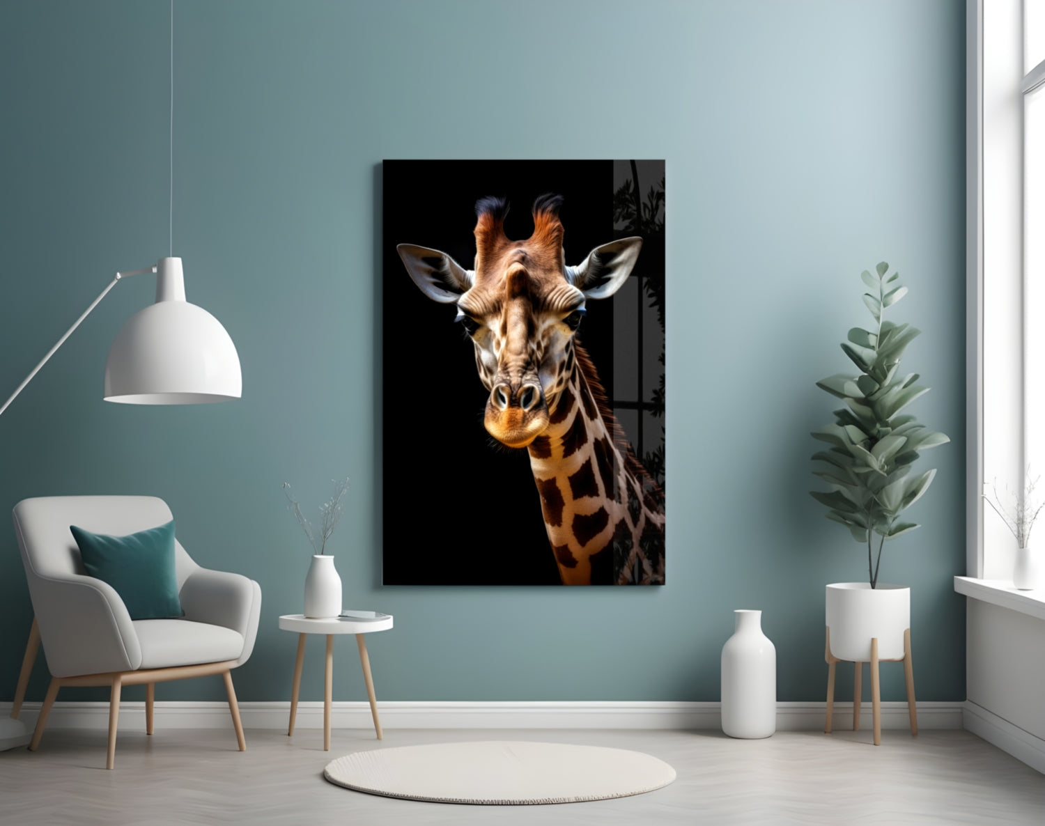 Giraffe portrait glass wall art displayed on turquoise wall above white chair in modern room setting.