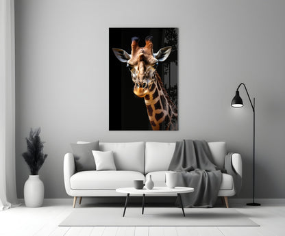 Giraffe glass wall art with warm golden tones displayed above white sofa in modern living room setting.