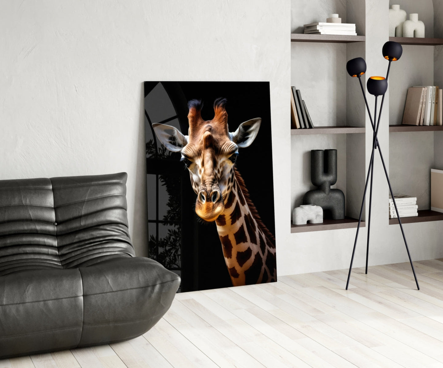 Giraffe glass wall art displayed in modern living room with gray sofa, black floor lamp, and white shelving unit.