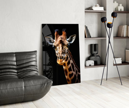 Giraffe glass wall art displayed in modern living room with gray sofa, black floor lamp, and white shelving unit.