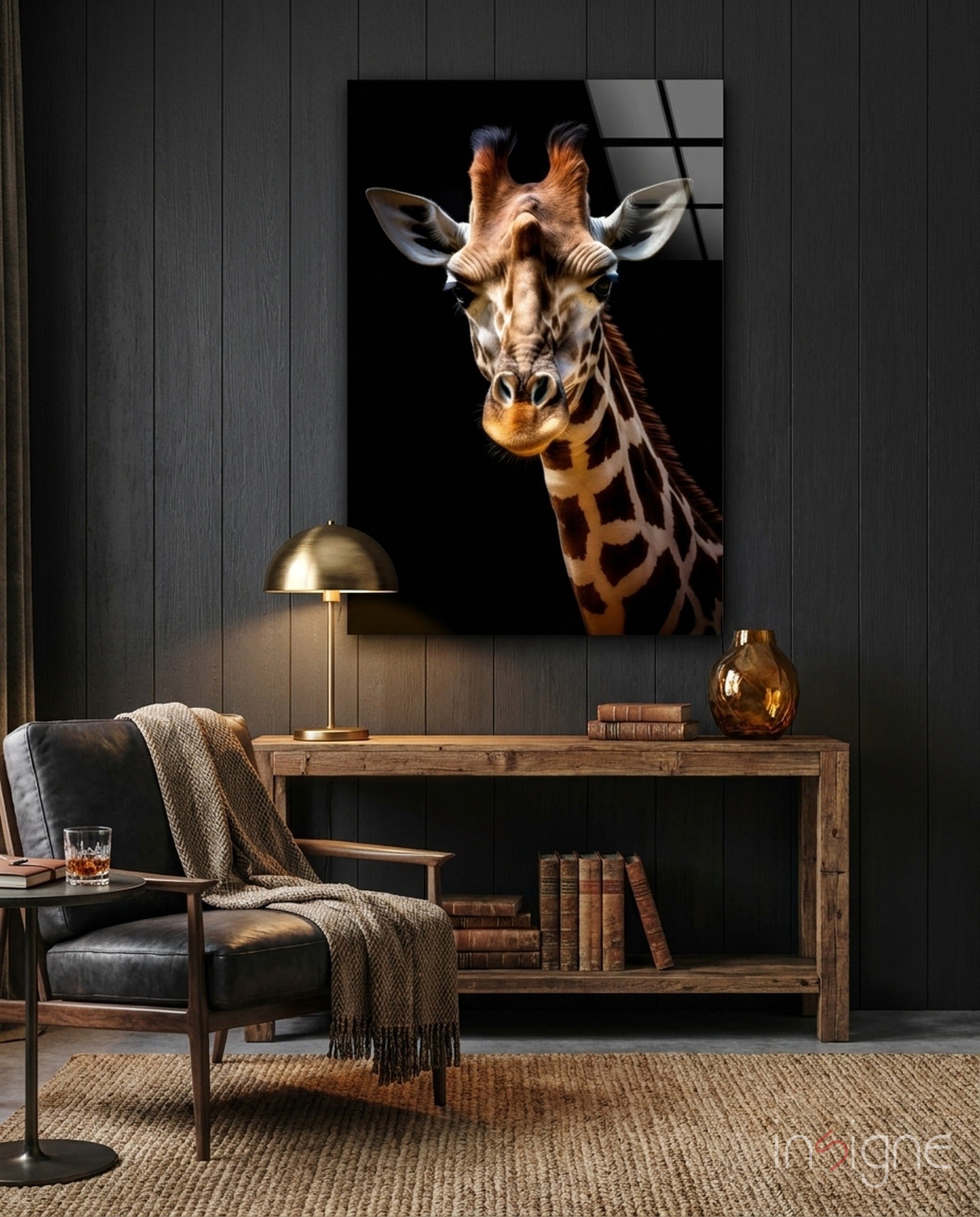 Giraffe portrait glass wall art displaying warm golden tones on black background, mounted above wooden desk in modern interior setting.