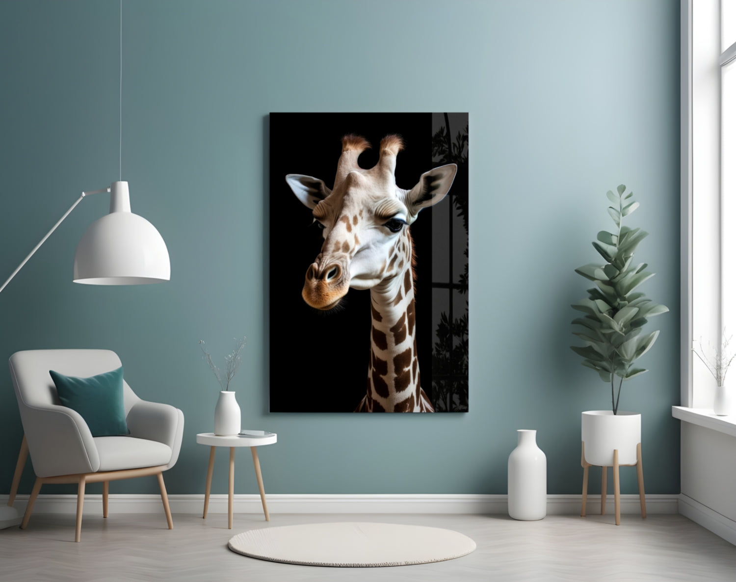Giraffe portrait glass wall art displayed on turquoise wall above cream chair in modern living room setting.
