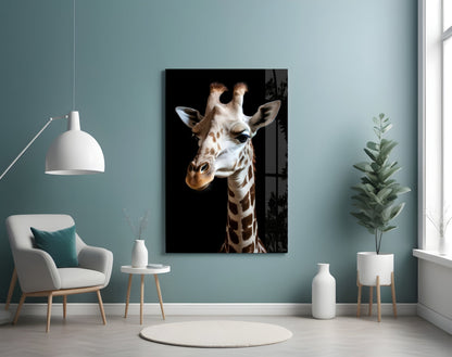 Giraffe portrait glass wall art displayed on turquoise wall above cream chair in modern living room setting.
