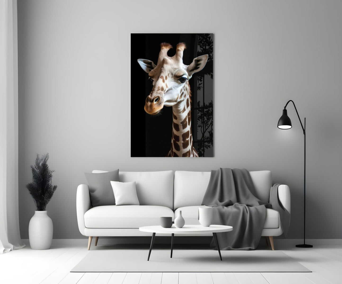 Giraffe portrait glass wall art displayed above white sofa in minimalist living room setting.