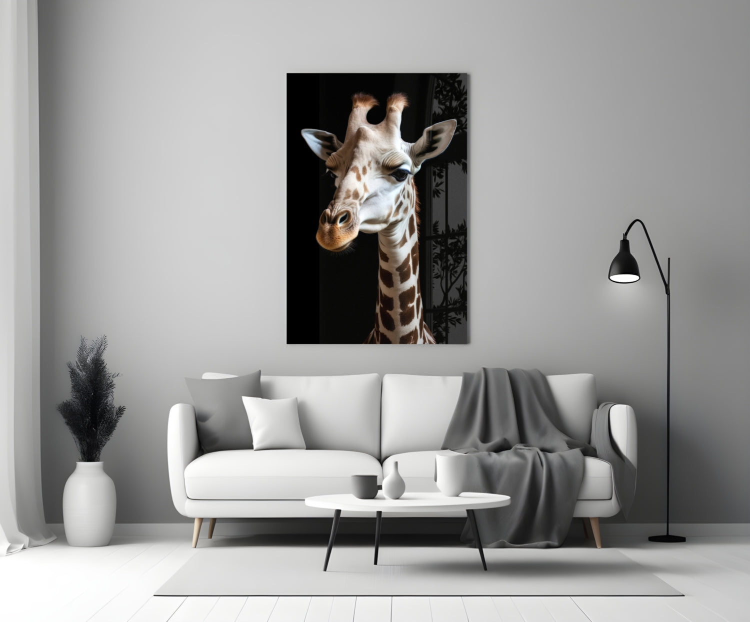 Giraffe portrait glass wall art displayed above white sofa in minimalist living room setting.