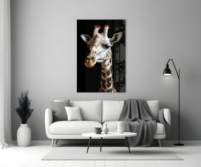 Giraffe portrait glass wall art displayed above white sofa in minimalist living room setting.