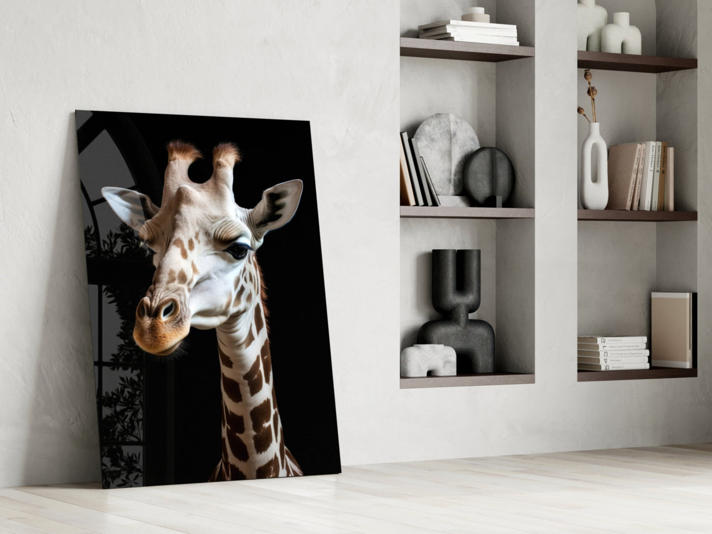 Giraffe portrait glass art leaning against white wall beside shelving unit displaying books and decorative objects.