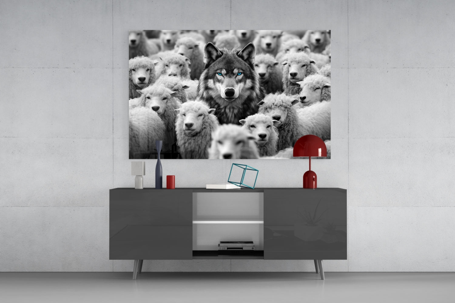 Black and white wolf among sheep displayed as glass wall art above gray media console in modern interior setting.