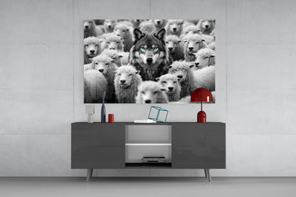 Black and white wolf among sheep displayed as glass wall art above gray media console in modern interior setting.