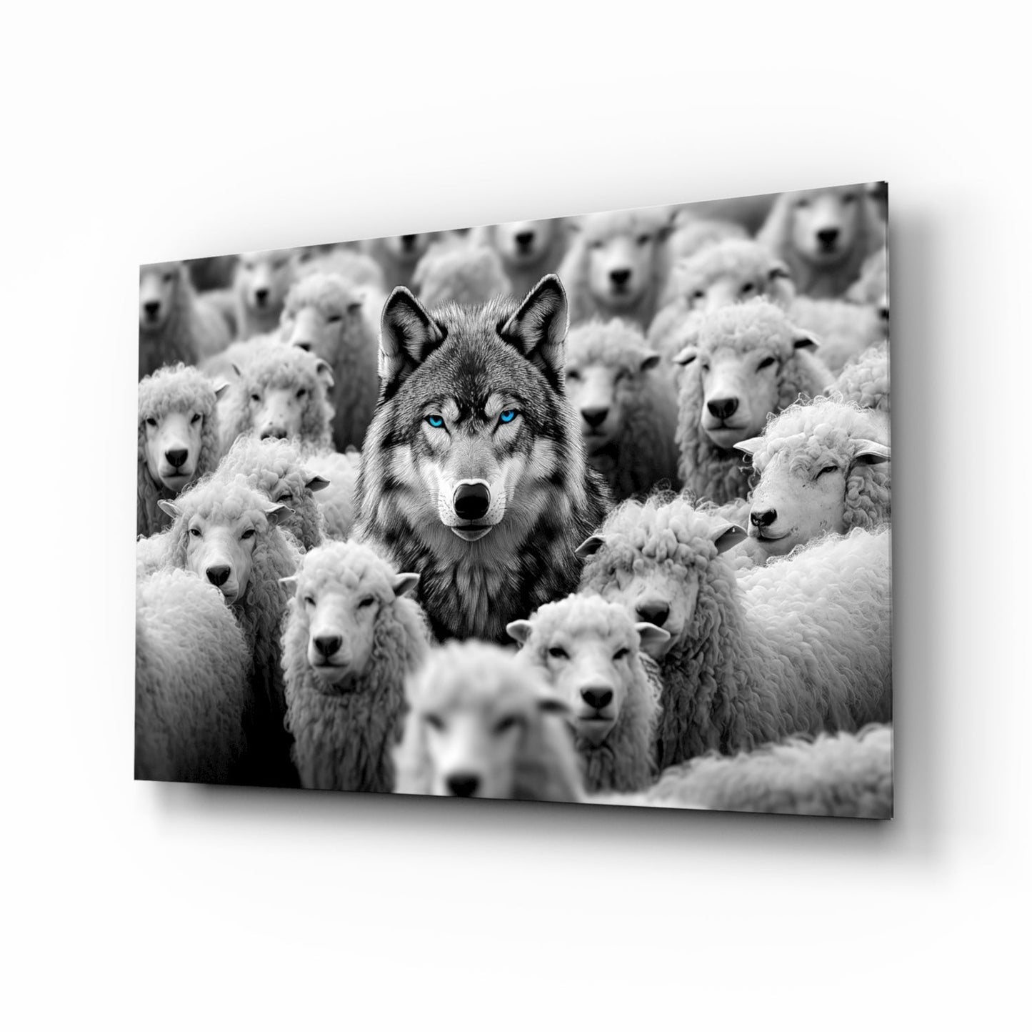 Black and white glass wall art panel displaying a wolf with striking blue eyes surrounded by white sheep, photographed at an angle against a light background.