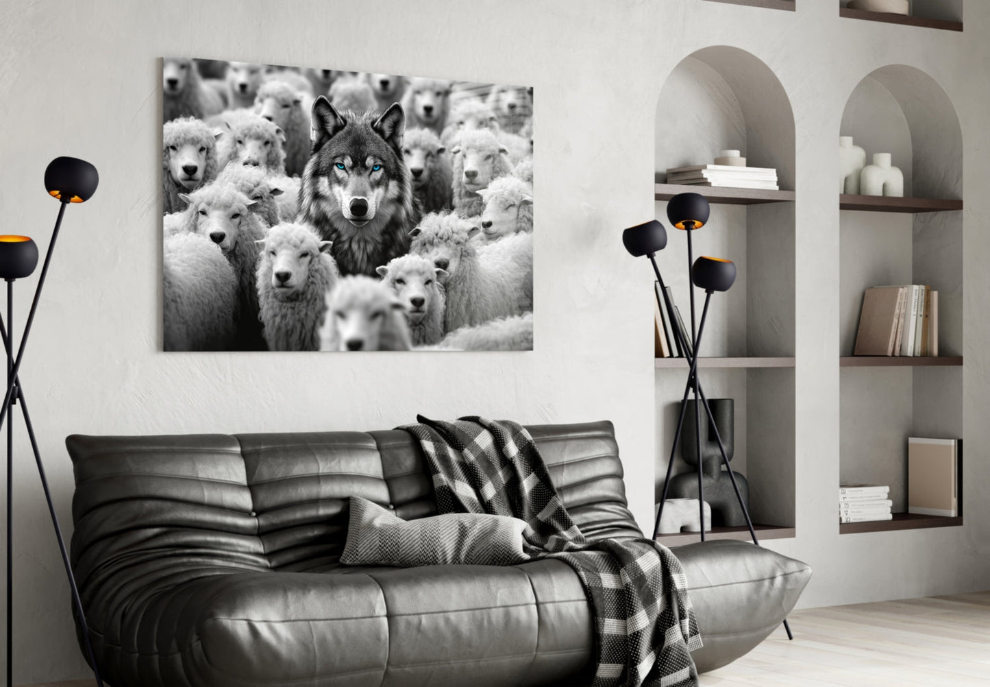 Black and white glass wall art depicting a dark wolf surrounded by white sheep, displayed above a black leather sofa in a modern living room.