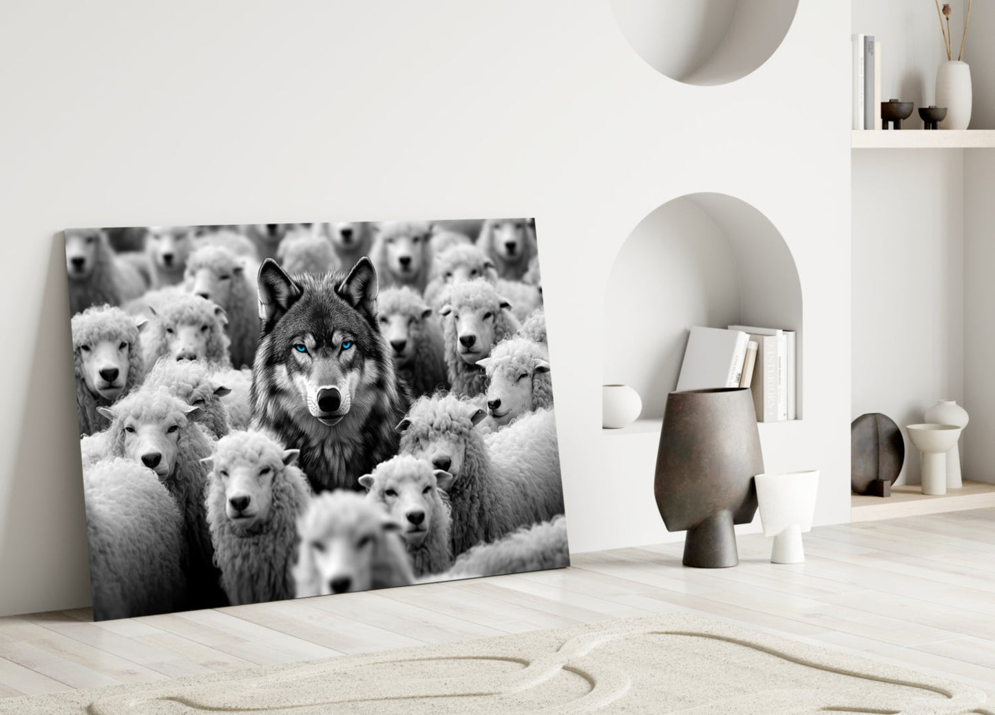 Black and white glass wall art leaning against white wall displays dark wolf among white sheep with blue eyes.