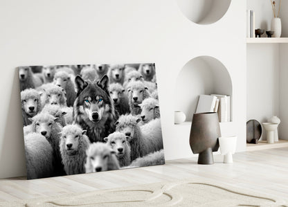 Black and white glass wall art leaning against white wall displays dark wolf among white sheep with blue eyes.