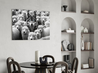 Black and white glass wall art depicting a dark wolf with blue eyes centered among white sheep, displayed above a round dining table in a modern interior.