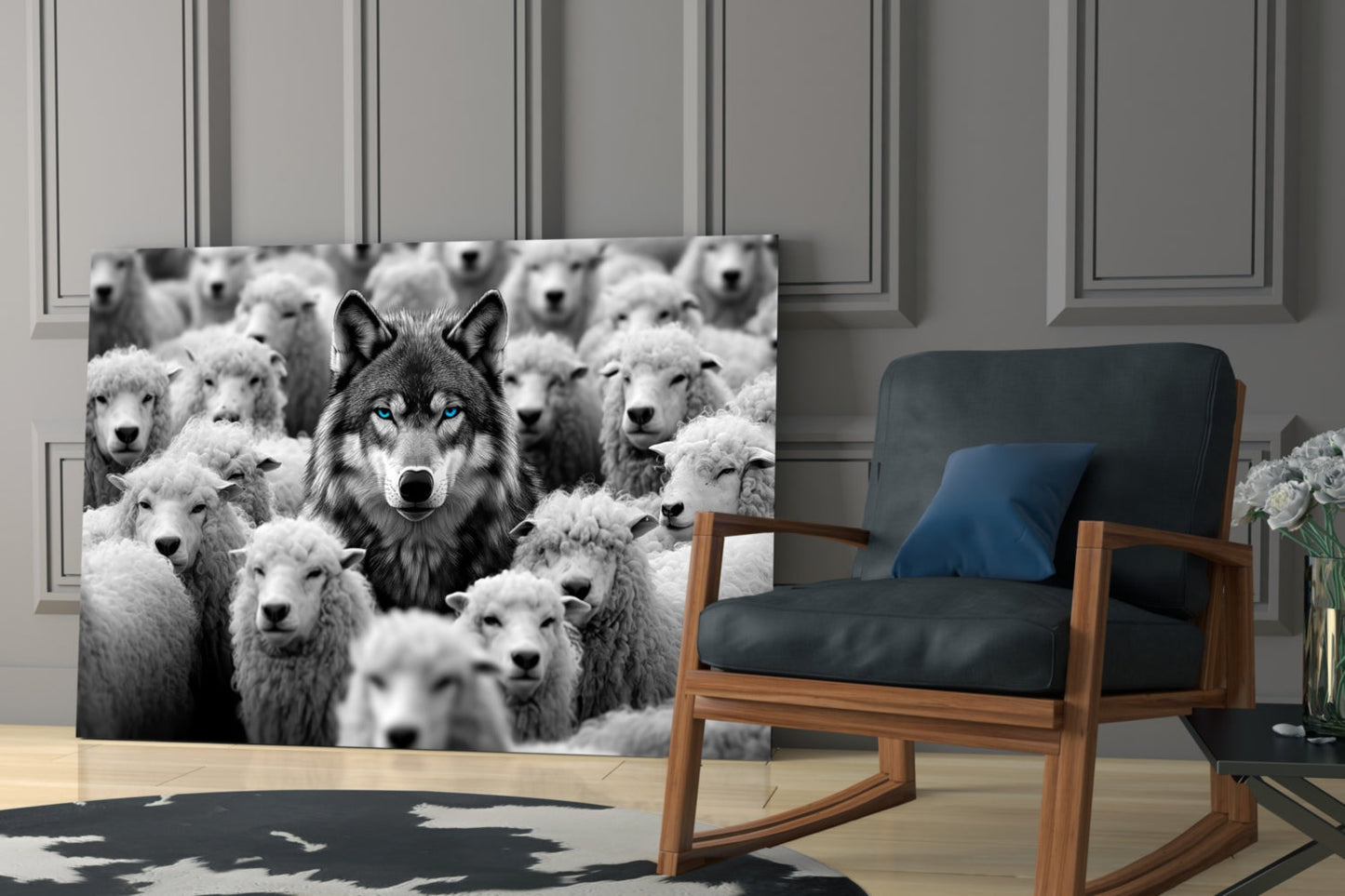 Glass wall art mounted on paneled wall showing a dark wolf with blue eyes centered among white sheep in black and white photograph.