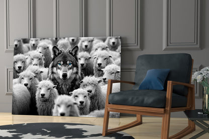 Glass wall art mounted on paneled wall showing a dark wolf with blue eyes centered among white sheep in black and white photograph.