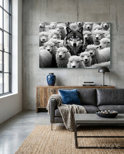 Black and white glass wall art depicting a dark wolf surrounded by white sheep, displayed above a wooden console in a modern concrete interior.