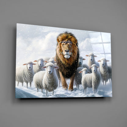 A majestic lion surrounded by white sheep in a snowy landscape on a glass wall art panel displayed against a gray wall.