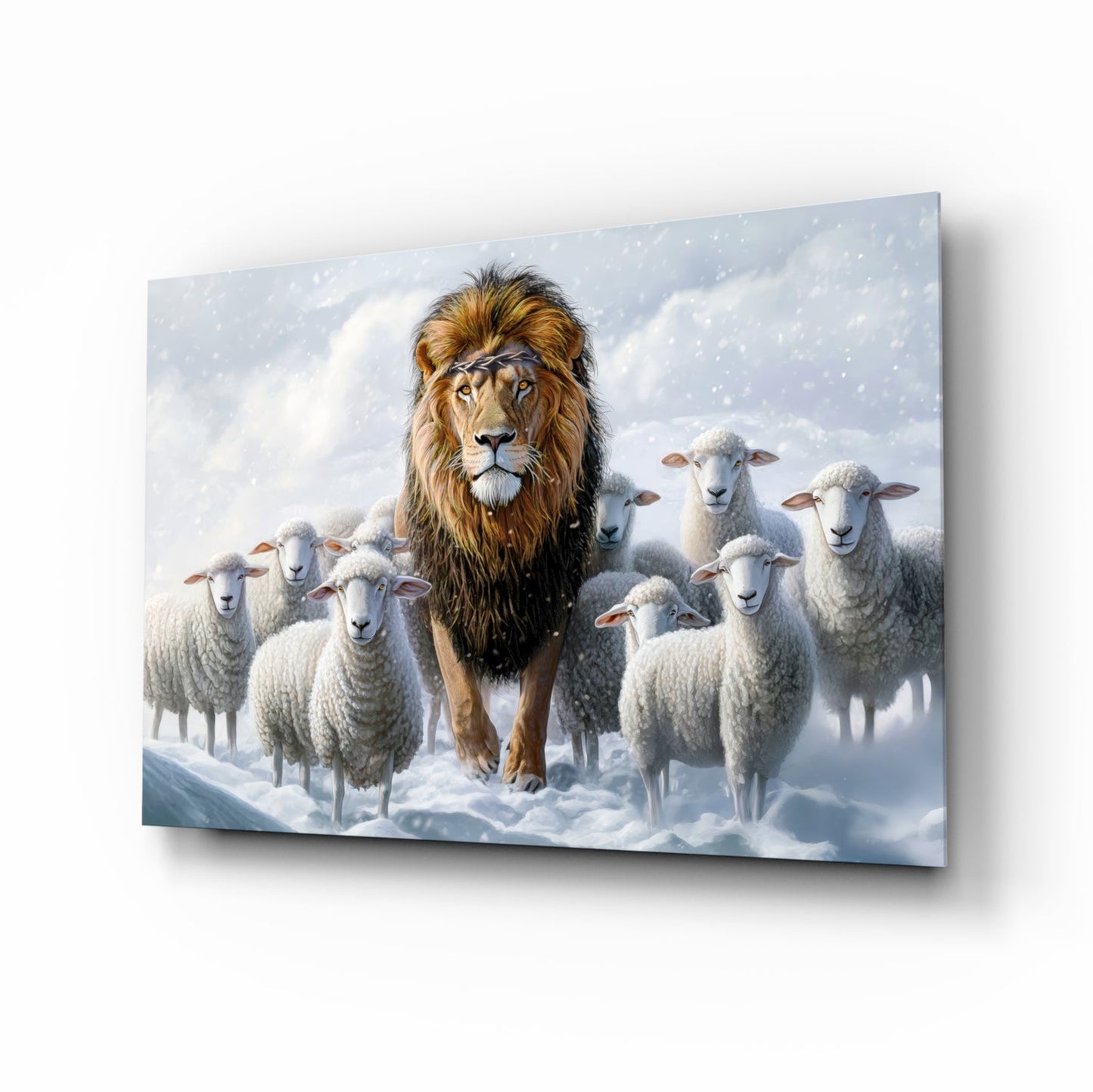 A majestic lion with golden mane leads a flock of white sheep through snow, displayed as a glass wall art panel against white background.