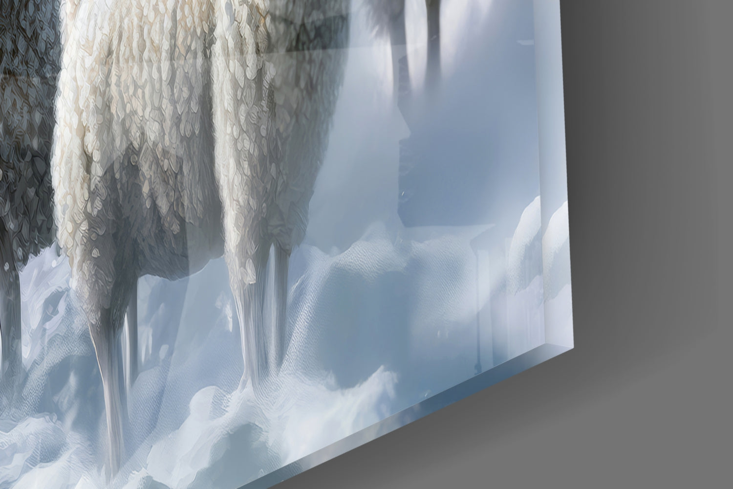 Close-up detail of textured lace curtain and translucent glass panel with snowy landscape visible through sheer white fabric.