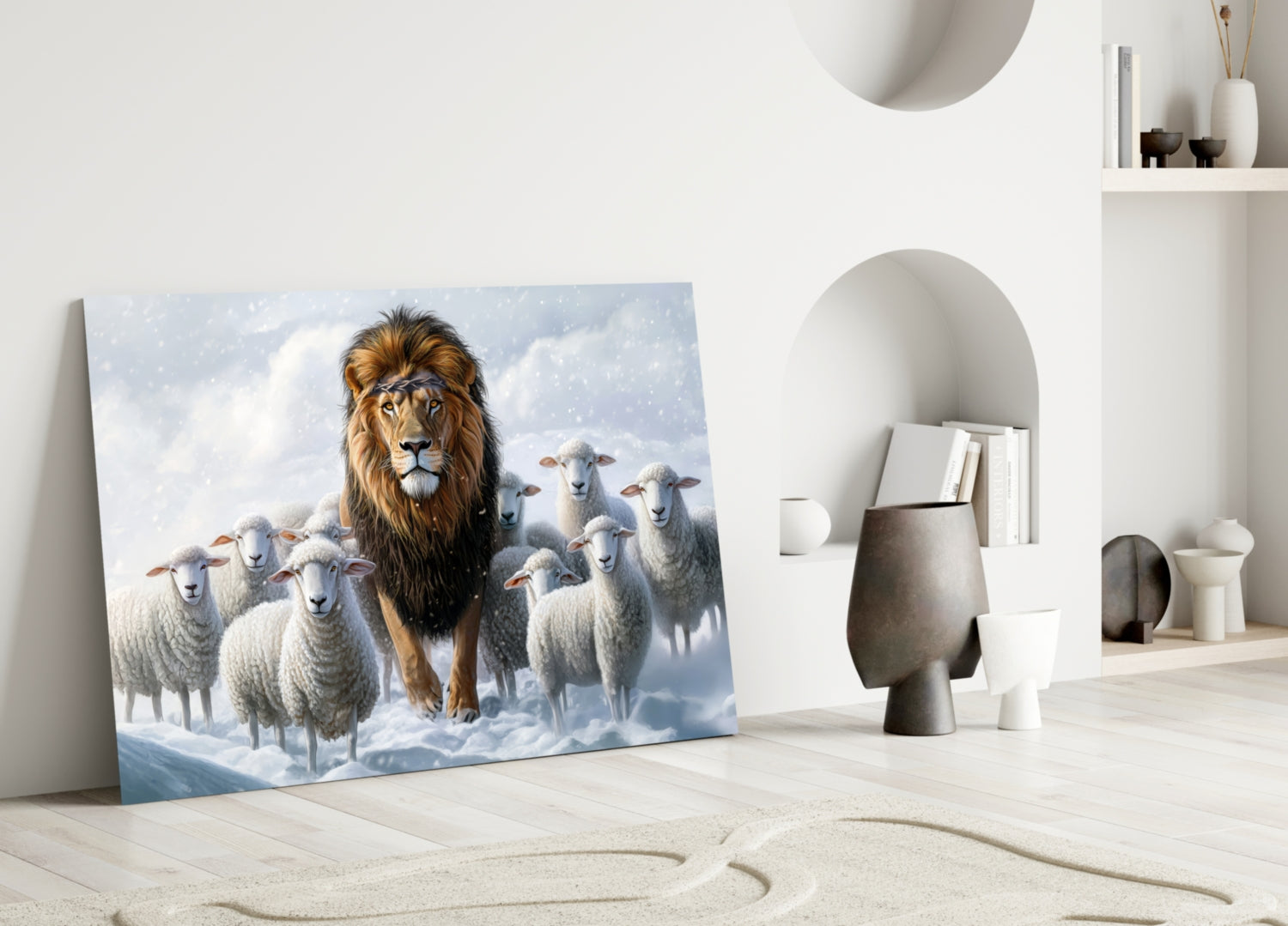 Glass wall art leaning against white wall displays lion surrounded by sheep in snowy landscape.