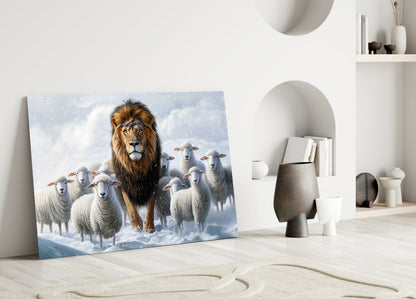 Glass wall art leaning against white wall displays lion surrounded by sheep in snowy landscape.