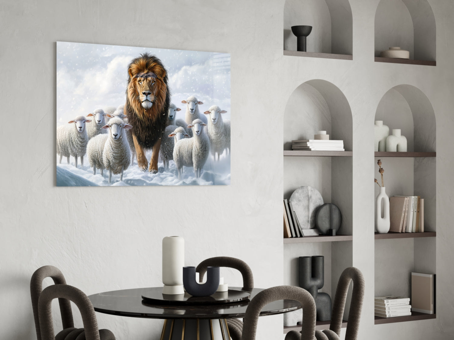 Glass wall art depicting a majestic lion surrounded by sheep in a snowy landscape, displayed above a dining table in a modern interior.
