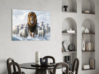 Glass wall art depicting a majestic lion surrounded by sheep in a snowy landscape, displayed above a dining table in a modern interior.