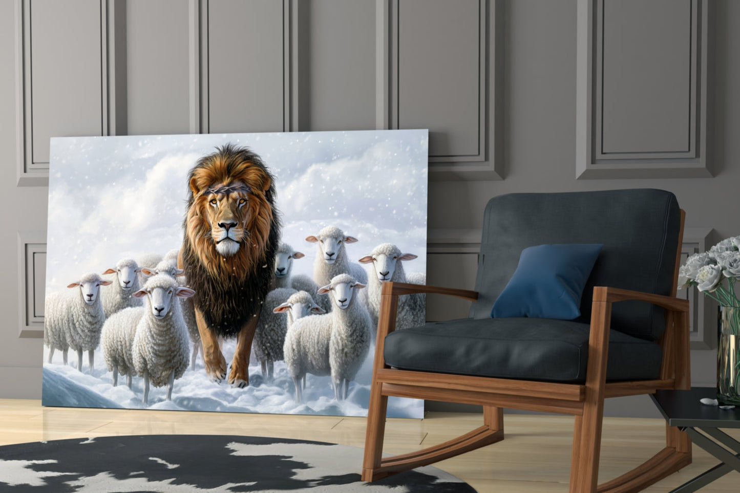 Glass wall art depicting a lion surrounded by sheep in snow displayed in a modern living room next to a wooden chair.