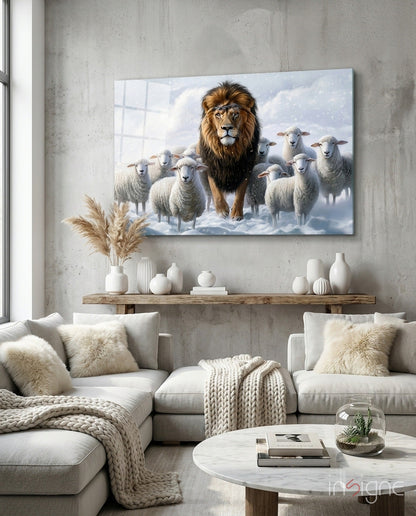 Glass wall art depicting a majestic lion surrounded by white sheep in a snowy landscape, displayed above a wooden shelf in a modern living room.