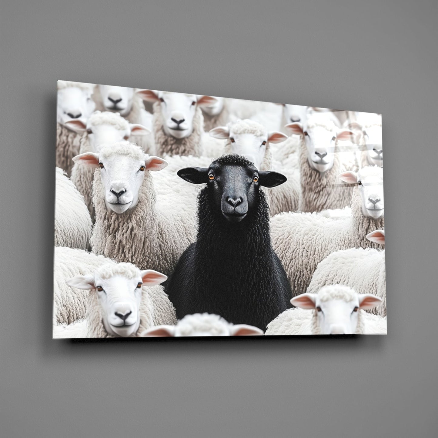 Black lamb stands out among white sheep flock in glass wall art displayed at angle against gray wall.