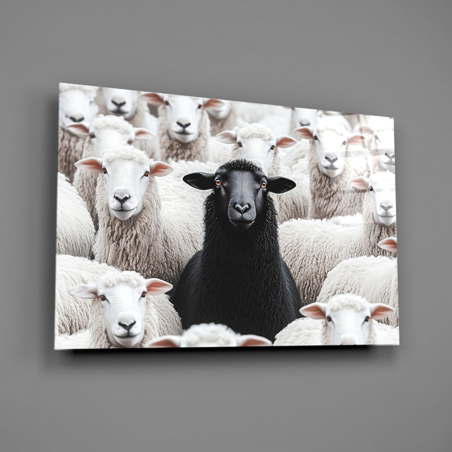 Black lamb stands out among white sheep flock in glass wall art displayed at angle against gray wall.