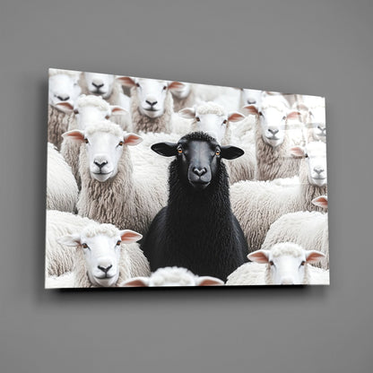 Black lamb stands out among white sheep flock in glass wall art displayed at angle against gray wall.