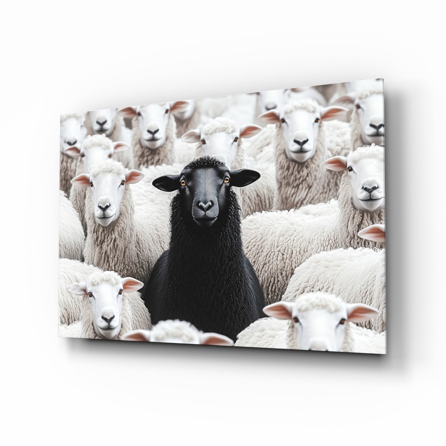 A black lamb stands centered among a flock of white sheep with pink ears, displayed as a glass wall art panel.