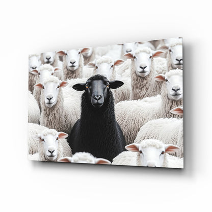 A black lamb stands centered among a flock of white sheep with pink ears, displayed as a glass wall art panel.