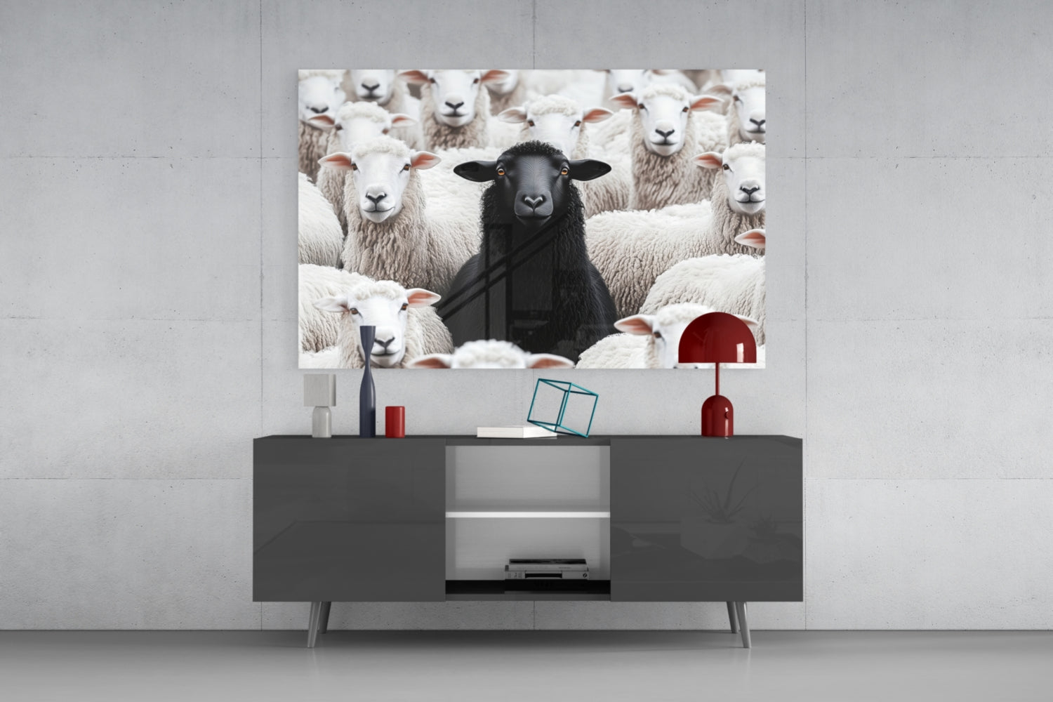 Black sheep surrounded by white flock displayed as framed glass wall art above dark media console in modern interior setting.