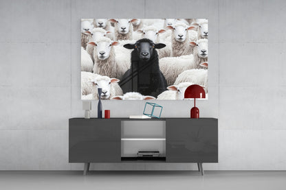 Black sheep surrounded by white flock displayed as framed glass wall art above dark media console in modern interior setting.
