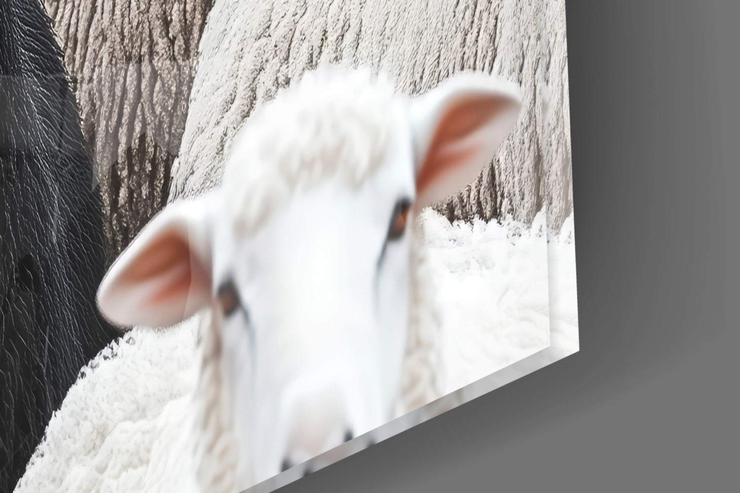 Close-up detail of white flock texture on glass art with pink rabbit ear visible against textured background.