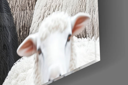 Close-up detail of white flock texture on glass art with pink rabbit ear visible against textured background.
