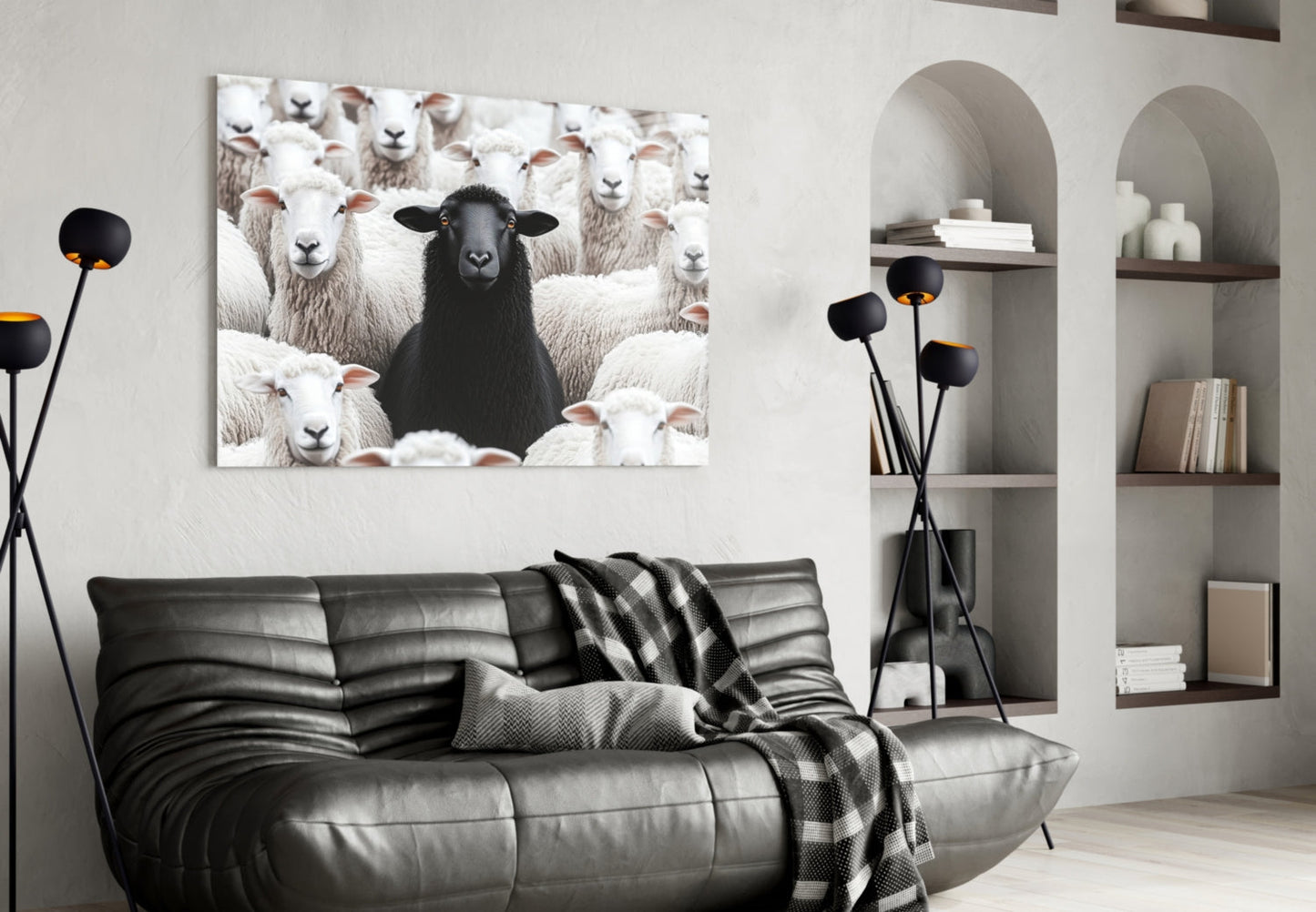 Black sheep surrounded by white flock displayed as framed glass wall art above gray leather sofa in modern living room.