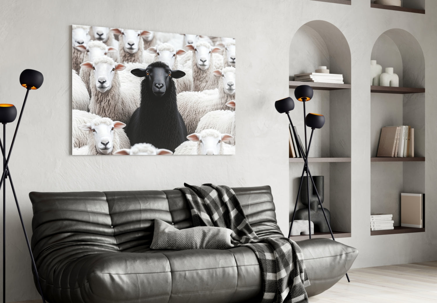 Black sheep surrounded by white flock displayed as framed glass wall art above gray leather sofa in modern living room.