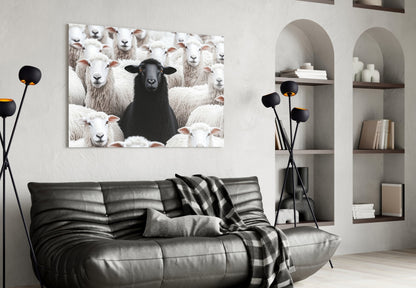 Black sheep surrounded by white flock displayed as framed glass wall art above gray leather sofa in modern living room.