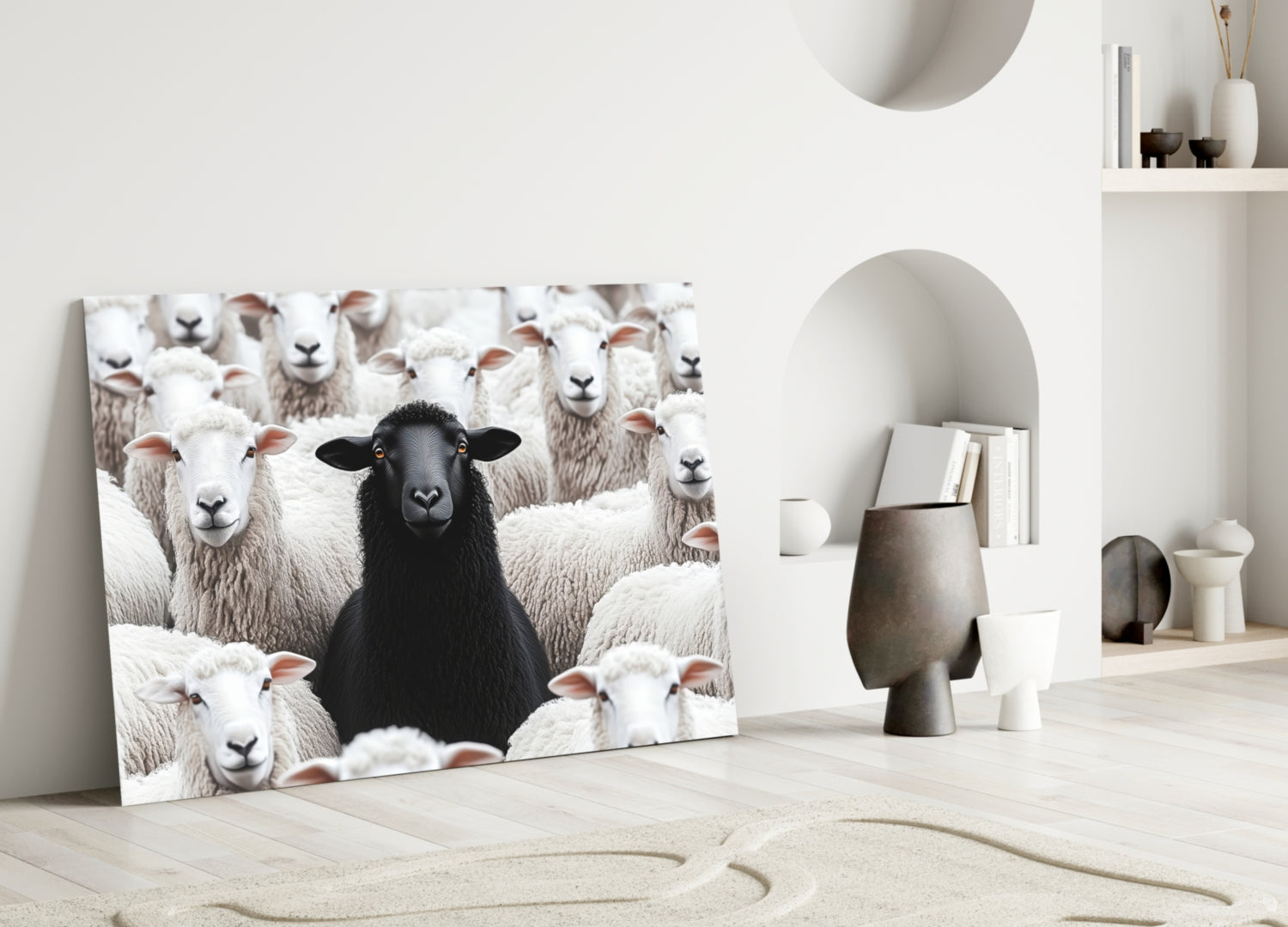 Glass wall art displaying a black lamb surrounded by white sheep with brown ears, leaning against a white wall in a minimalist interior setting.