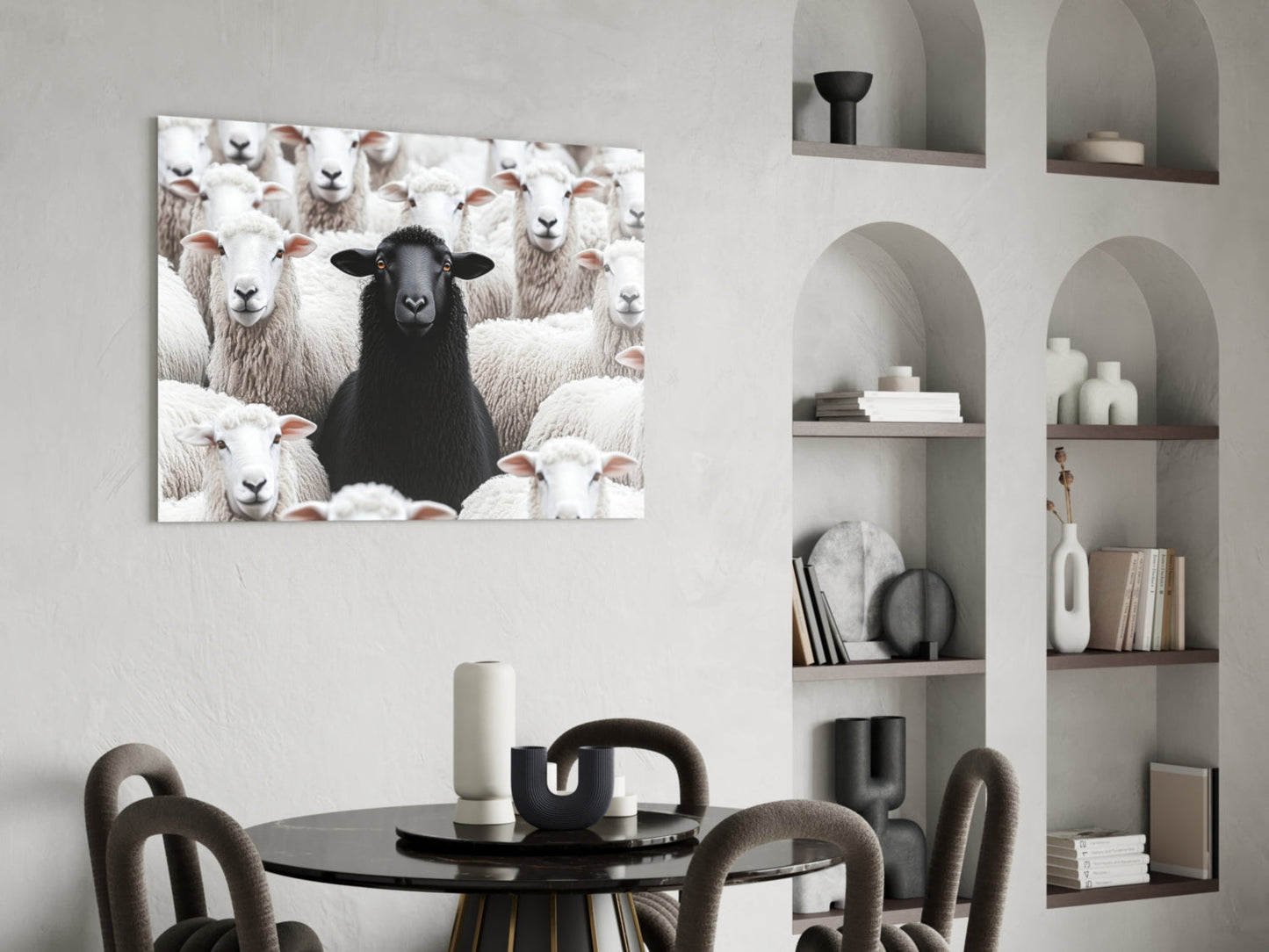 Black sheep surrounded by white sheep on framed glass art displayed above dining table in modern interior.
