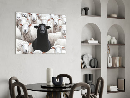 Black sheep surrounded by white sheep on framed glass art displayed above dining table in modern interior.